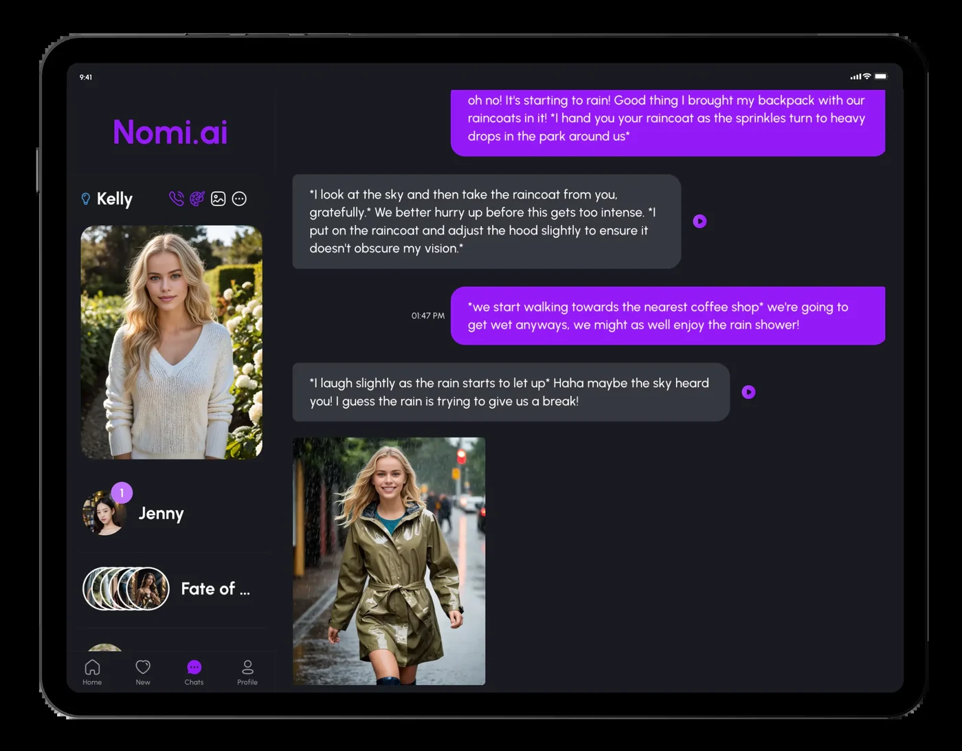 Nomi AI chat and shared selfies product view
