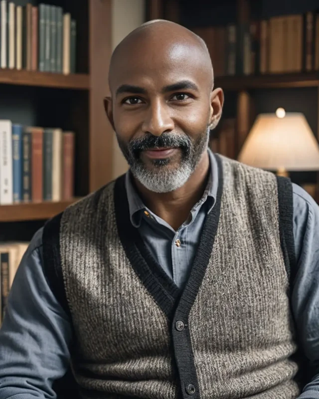 Garrett, a clearly adult fictional AI companion portrait
